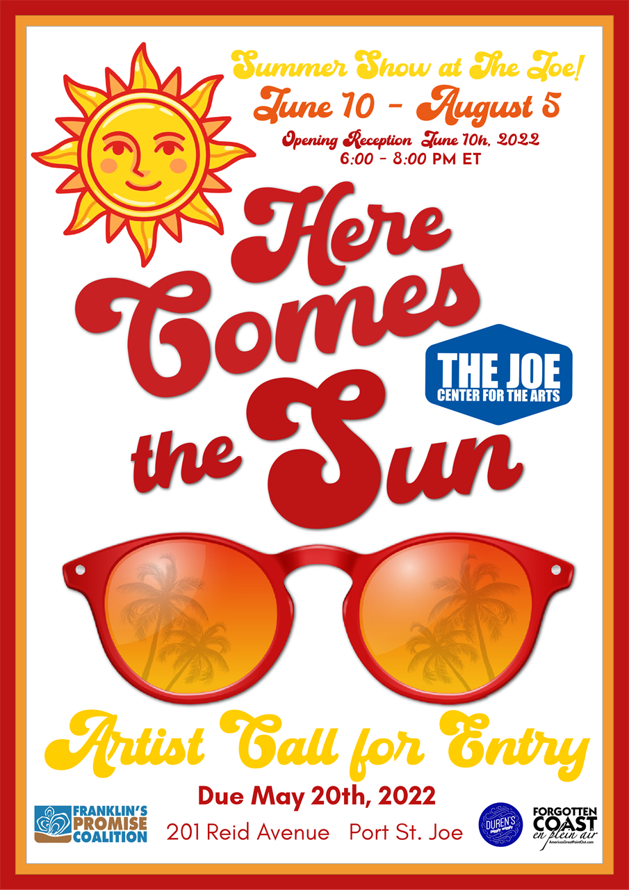 Image of Here Comes the Sun Exhibit Poster featuring a Sun and Palm trees reflecting in Sunglasses